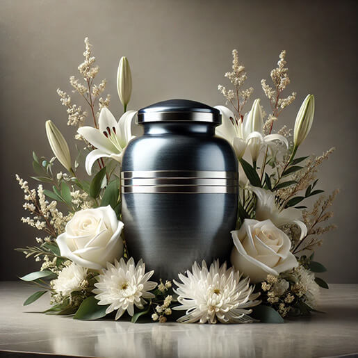 Elegant urn surrounded by a white flower arrangement for a cremation funeral service